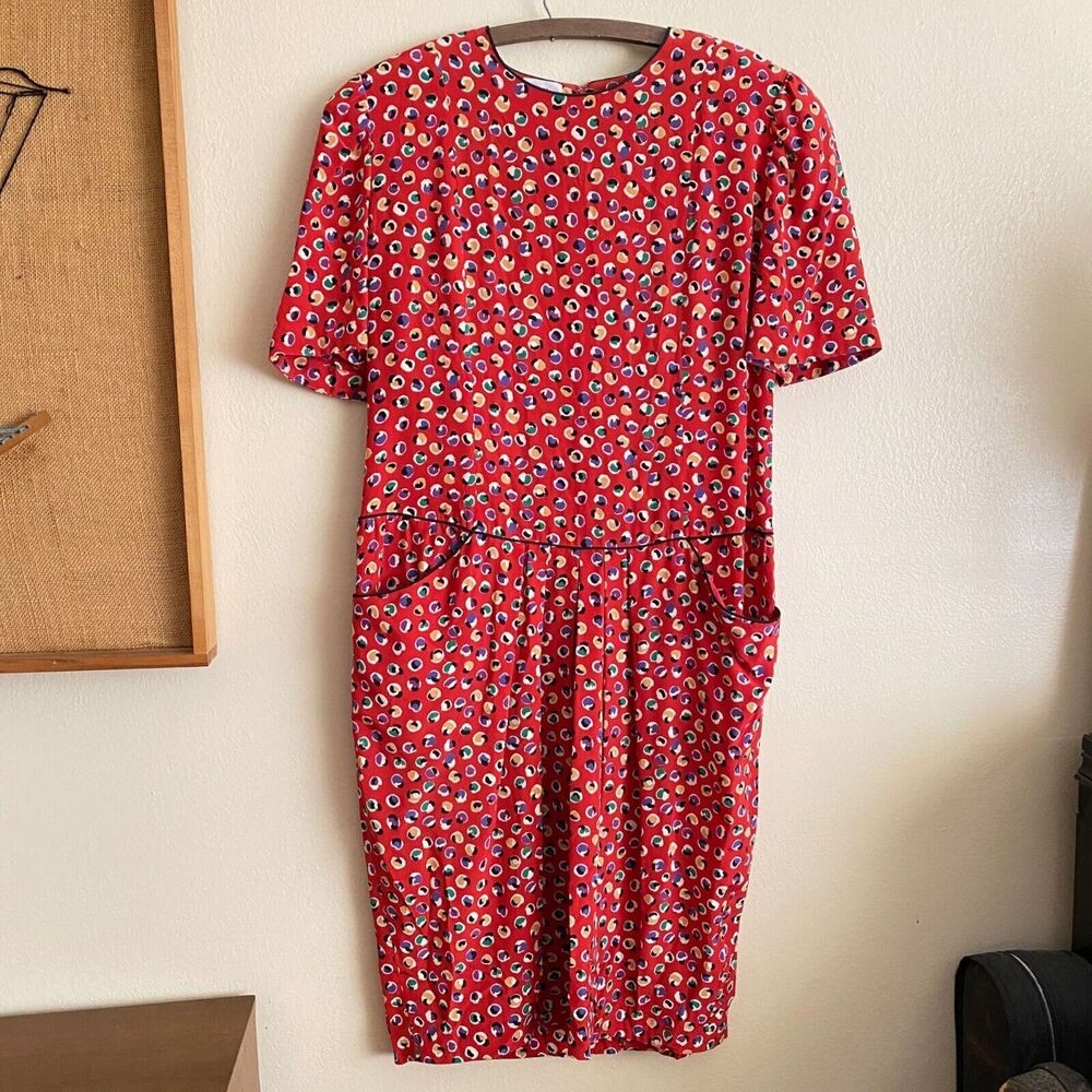 80s Vintage Size 12 Neiman Marcus Red 100% Silk Dress Colorful Spotted w Pockets